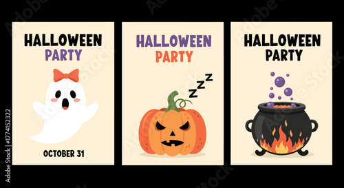 Halloween party posters with ghost, pumpkin and cauldron.