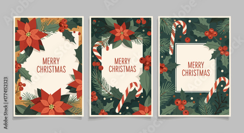 Three Christmas cards with poinsettias, holly, and candy canes, with the words "Merry Christmas" in the center.