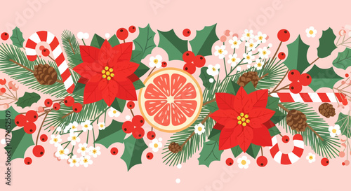 Festive Christmas floral arrangement with poinsettias, citrus, candy canes, and pine cones on a pink background.