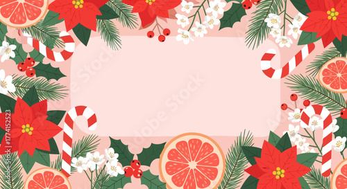 Festive Christmas frame with poinsettias, candy canes, and citrus fruits.