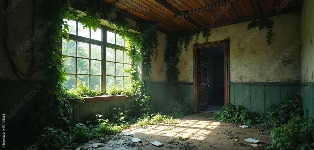 Fototapeta premium Abandoned room interior overgrown with plants. Sunlight streams through a large window overlooking a green forest. An open doorway reveals a dark hallway. Scattered papers lie on the dusty floor.
