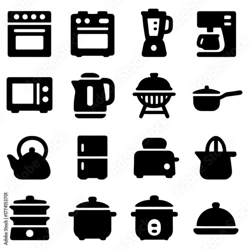 Kitchen Appliances Icons: A collection of meticulously crafted, minimalistic black icons, featuring essential kitchen appliances, suitable for a design project or culinary application.
