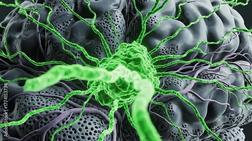 Glioblastoma expanding, cells glowing in electric green as they infiltrate neural pathways