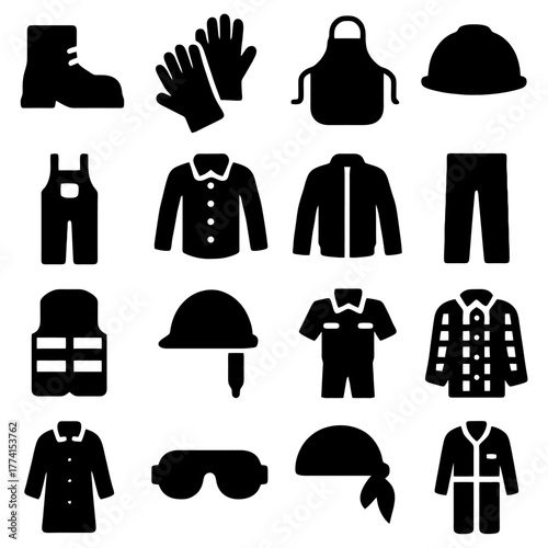 Workwear Essentials: A curated collection of essential workwear items, meticulously presented in stark silhouettes.