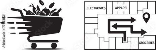 Black and White Vector Graphics: Shopping Cart, Retail Map, Navigation Elements