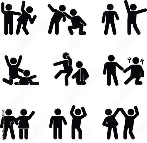 Human interaction silhouette icons, social behavior poses, conflict and support actions, celebration gestures, black and white design, emotional communication, teamwork concept
