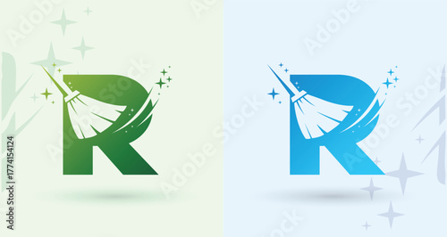 Letter R sparkle swoosh cleaning monogram logo hygiene service modern professional brand icon
