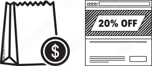 Linear Style Icons: Shopping Bag, Dollar Coin, and Discount Website