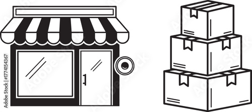Flat Black and White Storefront and Shipping Boxes Illustration