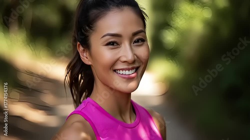 A radiant Asian woman with a beautiful smile enjoys a moment of rest during her outdoor workout on a sunny day in the park