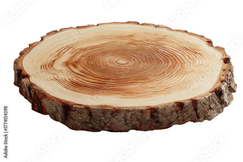 Close up of a light brown wood slice with visible growth rings and rough bark tree trunk, Isolated On Transparent Background, Png Cut Out