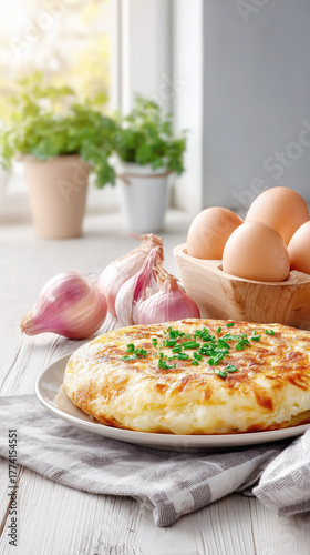 Spanish Tortilla Served with White Plate on Wooden table