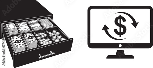 Monochrome Vector Illustration of Cash Drawer and Online Money Exchange