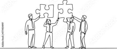 Teamwork puzzle illustration, business collaboration line art, problem-solving concept sketch, minimalist corporate icon, continuous drawing, unity and strategy design