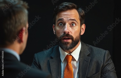 Man in gray suit and orange tie has shocked expression during job interview. He looks at interviewer with surprise and astonishment. Businessman reacts strongly to question or news.