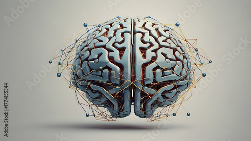 Futuristic 3D render of a stylized brain connected by a network of lines and nodes, symbolizing artificial intelligence and neural connections