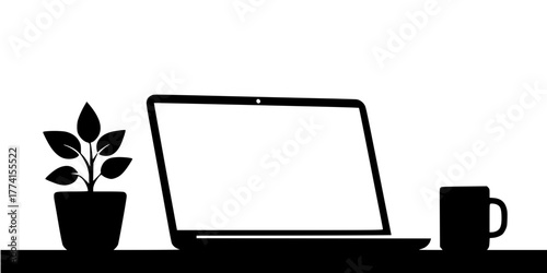 Home Office Remote Work Setup Silhouette: Minimalist Vector of Laptop, Plant, and Desk. Freelancer, Technology, Work-Life Balance.