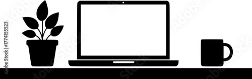 Home Office Remote Work Setup Silhouette: Minimalist Vector of Laptop, Plant, and Desk. Freelancer, Technology, Work-Life Balance.