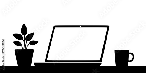 Home Office Remote Work Setup Silhouette: Minimalist Vector of Laptop, Plant, and Desk. Freelancer, Technology, Work-Life Balance.