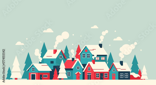 Cozy winter village landscape with colorful houses, snow, and pine trees. Flat vector illustration for Christmas or holiday season greetings