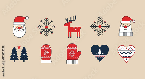 Creative collection of minimalist Christmas graphic elements, including Santa, reindeer, and Nordic patterns on a beige background