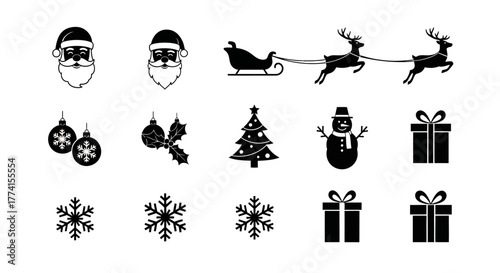 Set of minimalist Christmas glyph icons in black silhouette style. Includes Santa Claus, sleigh, snowman, and gift symbols for holiday design