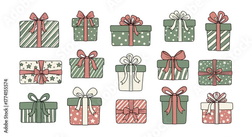 A festive collection of hand-drawn Christmas gift boxes and presents wrapped in patterned paper with decorative red and green bows