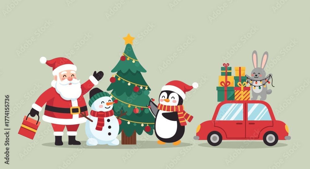 Obraz premium A festive Christmas scene with Santa Claus, a snowman, a penguin, and a rabbit with a decorated tree and a car full of gifts