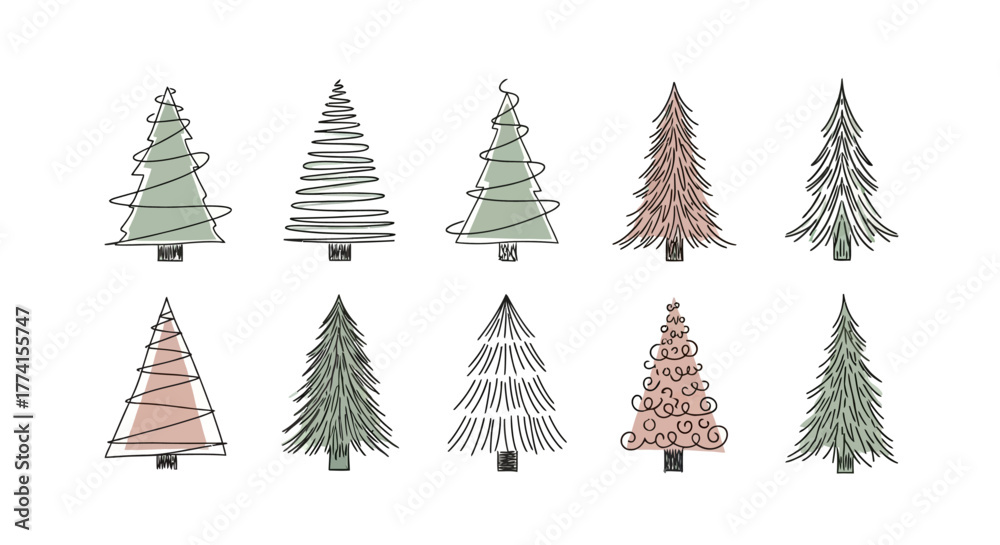 Obraz premium Set of hand-drawn stylized Christmas trees. Collection of doodle winter pine and fir illustrations for festive holiday greeting cards and decoration