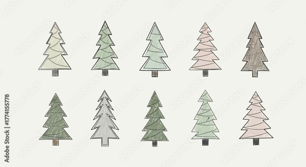 Obraz premium Artistic collection of ten minimalist evergreen pine trees in a hand-sketched style, perfect for winter and holiday designs