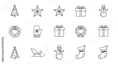 A curated set of winter holiday and Christmas celebration icons. Minimalist line art graphics including Santa's sleigh, festive wreaths, and presents