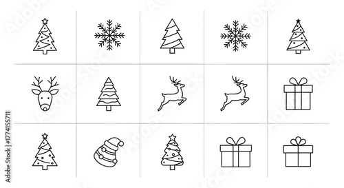 Set of simple Christmas holiday outline icons. Vector symbols of fir tree, snowflake, reindeer, and gift box for festive web and print design