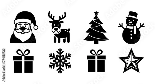 Monochrome collection of classic Christmas symbols. Simple vector icons including Santa, reindeer, snowman, and snowflake for holiday graphic design projects