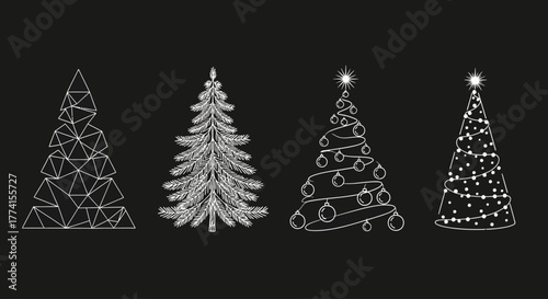 An elegant collection of four distinct Christmas tree illustrations, from modern geometric low-poly to sparkling festive light designs for the holiday season