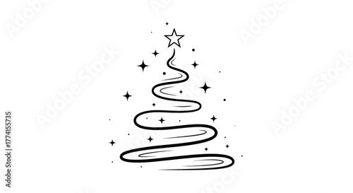 Elegant minimalist Christmas tree line art with a swirling ribbon design and sparkling stars. A modern black and white holiday icon for festive decorations
