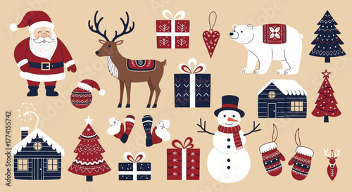 A festive collection of winter holiday illustrations featuring Santa Claus, reindeer, a snowman, and traditional Christmas elements in a Nordic folk art style