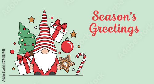 A charming vector illustration of a Scandinavian Christmas gnome surrounded by festive holiday elements like a tree, gifts, and a candy cane