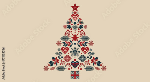 Decorative Christmas tree composed of intricate Scandinavian folk art patterns in red and blue, a festive holiday illustration