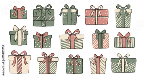 Vector illustration set of cute hand-drawn gift boxes with bows. Doodle style holiday presents for celebration design