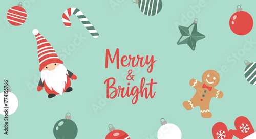 Whimsical Merry and Bright Christmas banner with a cute cartoon gnome, baubles, and gingerbread man. Festive holiday vector illustration