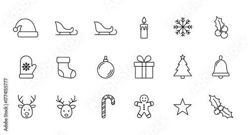 Set of minimalist Christmas line icons, festive winter holiday symbols collection in a clean vector outline style