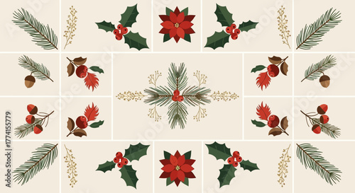 Decorative tile design with festive holiday botanicals, showcasing poinsettia, holly, and pine for a classic Christmas theme