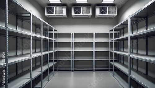 Modern Warehouse with Organized Shelves and Storage Boxes