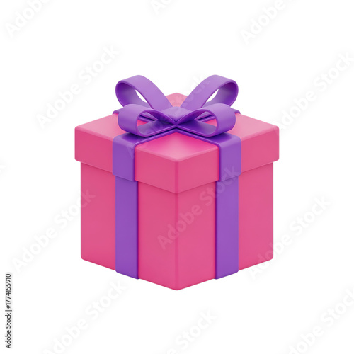 Pink 3d gift box with purple ribbon and bow isolated on transparent background