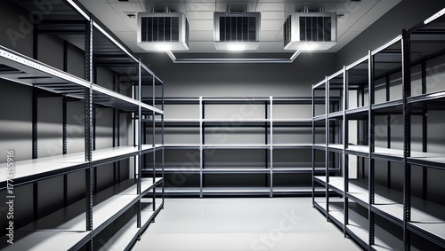Modern Warehouse with Organized Shelves and Storage Boxes