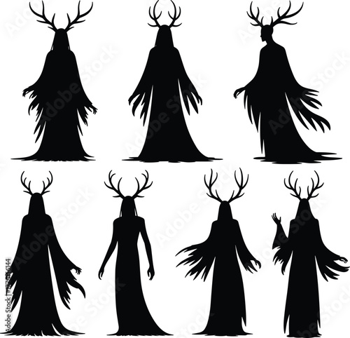 Antlered humanoid silhouette set, fantasy folklore character vector, eerie black design, robed mystical figures, supernatural pose illustration, dark aesthetic pack