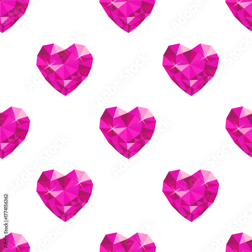 Pink heart gemstone seamless pattern on white background. Vector design. 