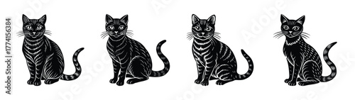 Four black cats illustration vector image domestic feline pet animal kitty kitten drawing art
