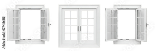 Three White Window Frames with Open and Closed French Doors on a Black Background