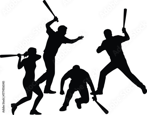 Baseball bat silhouette, dynamic poses, aggressive stance, black and white art, action figures, confrontation scene, motion, energy, urban style, dramatic impact